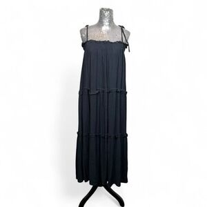 Y2K Minimalist‎ Gauze Black Maxi Dress Medium Smocked Tiered Ruffle Lagom Flowy